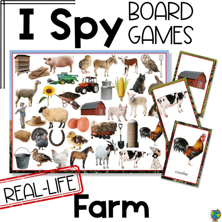 Farm I Spy Board Game with real-life photos of animals, tractors, barns, and farm picture cards that make preschool vocabulary and visual discrimination practice feel like play.