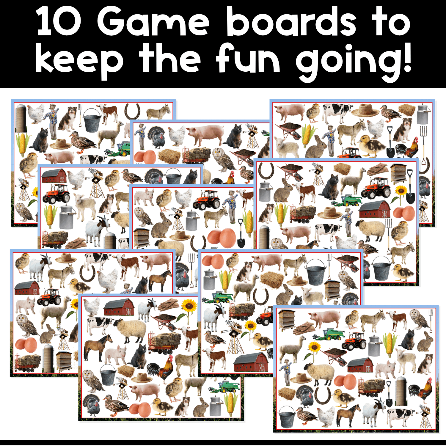 Real-life photo Farm I Spy game boards give preschool, pre-k, and kindergarten students an engaging way to search, spot, match, and build farm vocabulary.