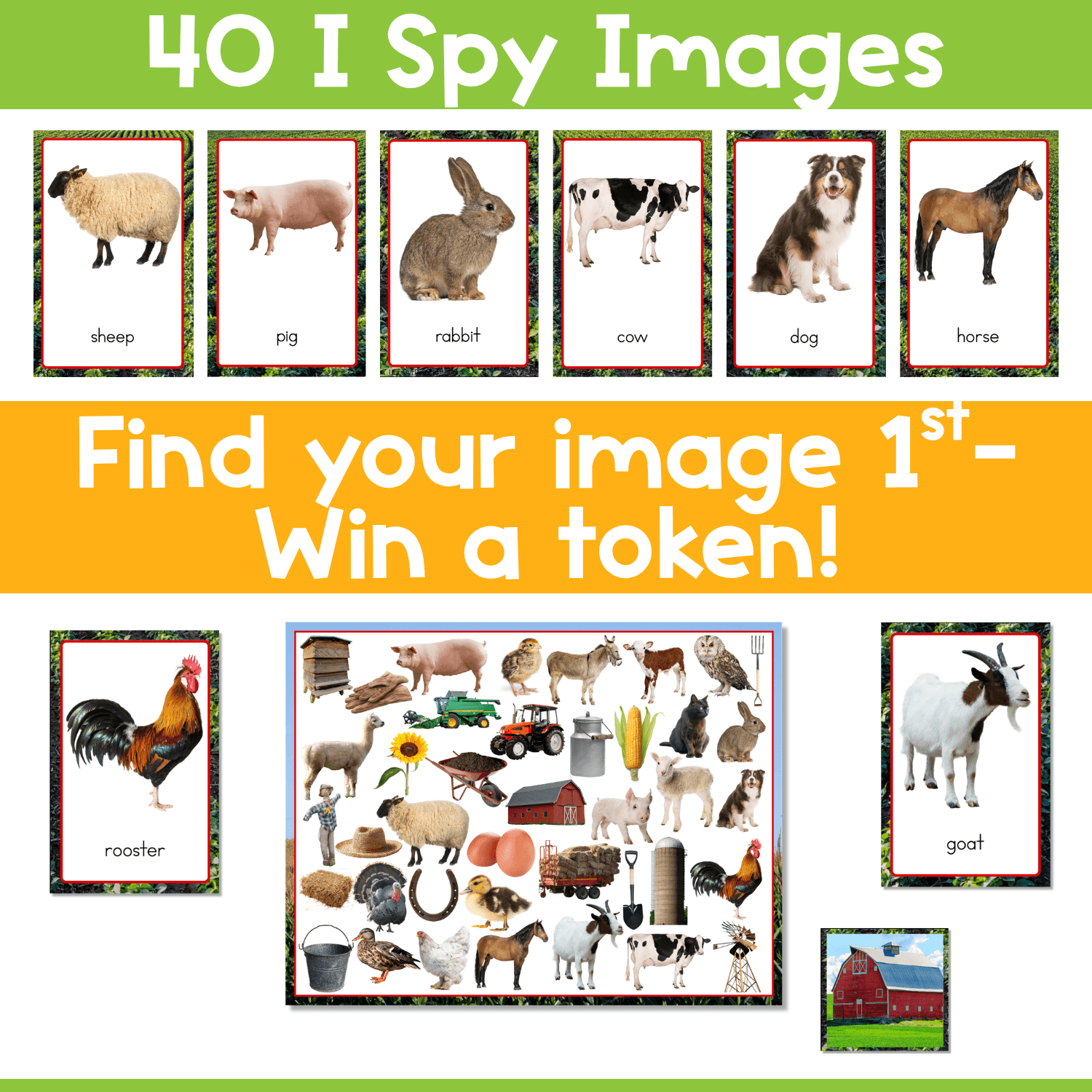 Farm I Spy picture cards feature real photos of cows, pigs, sheep, goats, horses, barns, and tractors for hands-on vocabulary and item recognition practice.
