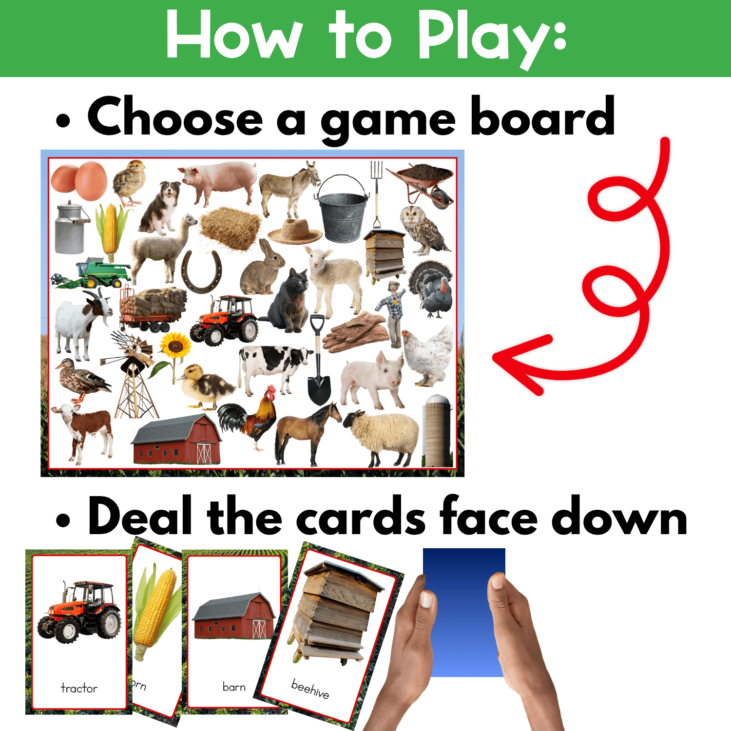 Simple Farm I Spy Board Game directions show how students choose a board, flip farm picture cards, and get ready to search for matching real-life photos.