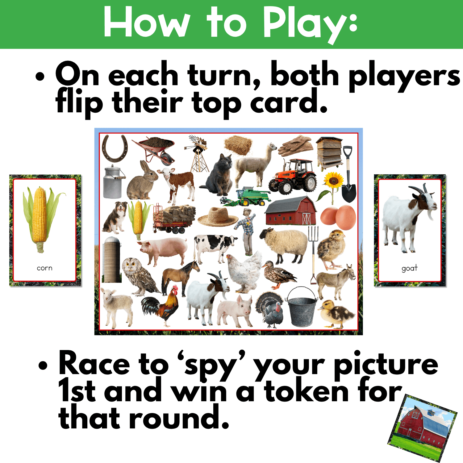 Students flip real-life farm photo cards and race to find the matching picture on the I Spy game board for fun visual scanning and vocabulary practice.