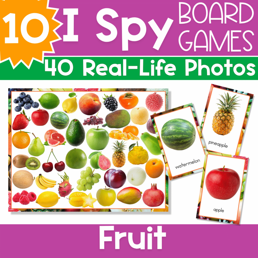 Real photo vegetable I Spy board game for preschool and kindergarten food group vocabulary, featuring colorful vegetable image cards, token cards, and an I Spy game board for visual discrimination practice.