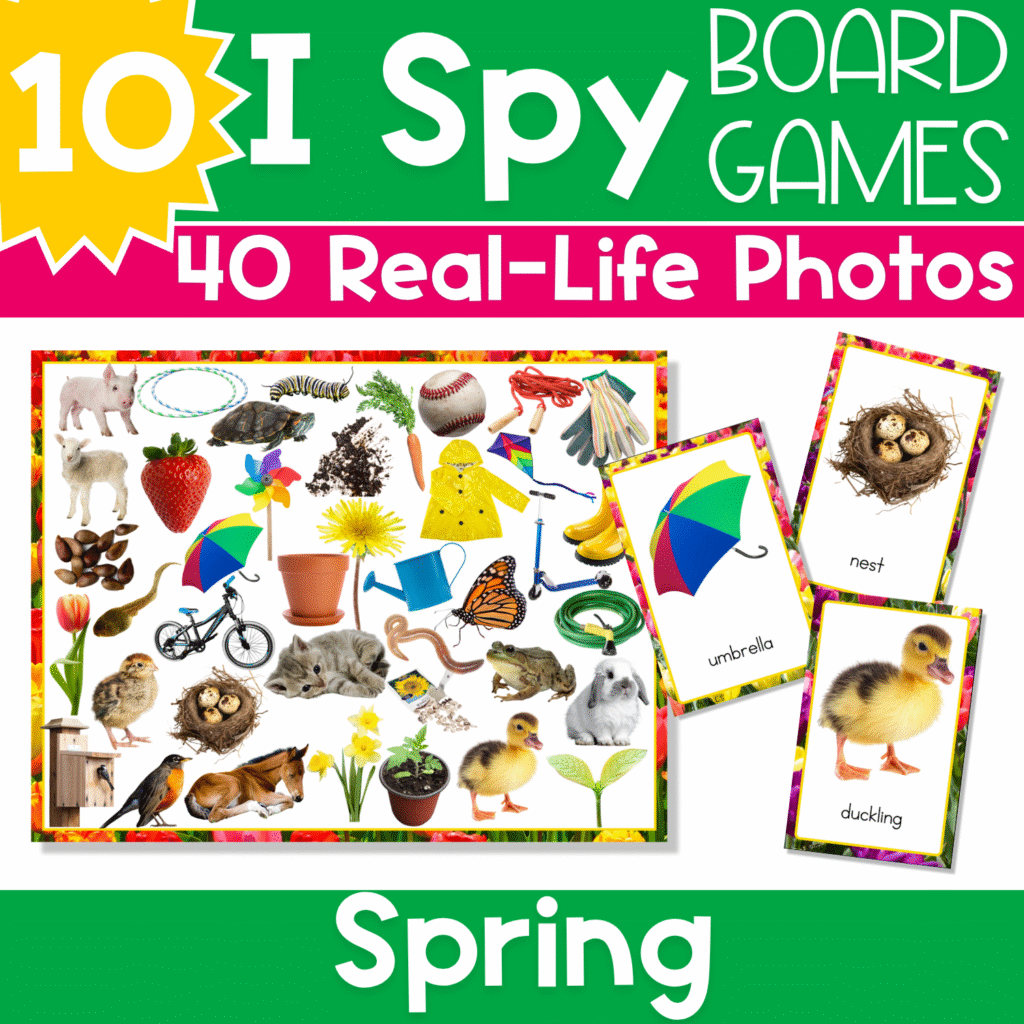 Real-life photo Spring I Spy Board Game for preschool, pre-k, and kindergarten with colorful spring picture cards, game boards, and vocabulary practice for visual discrimination and visual scanning.