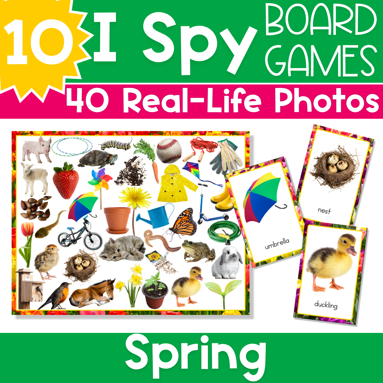 Real-life photo Spring I Spy Board Game for preschool, pre-k, and kindergarten with colorful spring picture cards, game boards, and vocabulary practice for visual discrimination and visual scanning.
