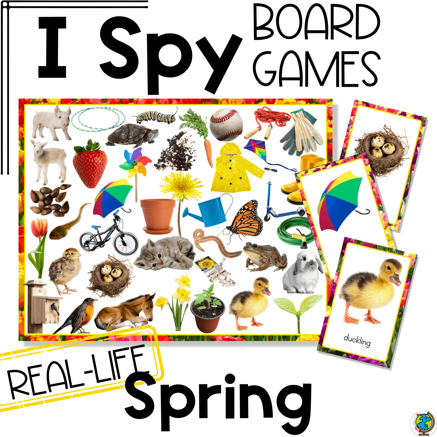 Real-life photo Spring I Spy Board Game for preschool, pre-k, and kindergarten with colorful spring picture cards, game boards, and vocabulary practice for visual discrimination and visual scanning.