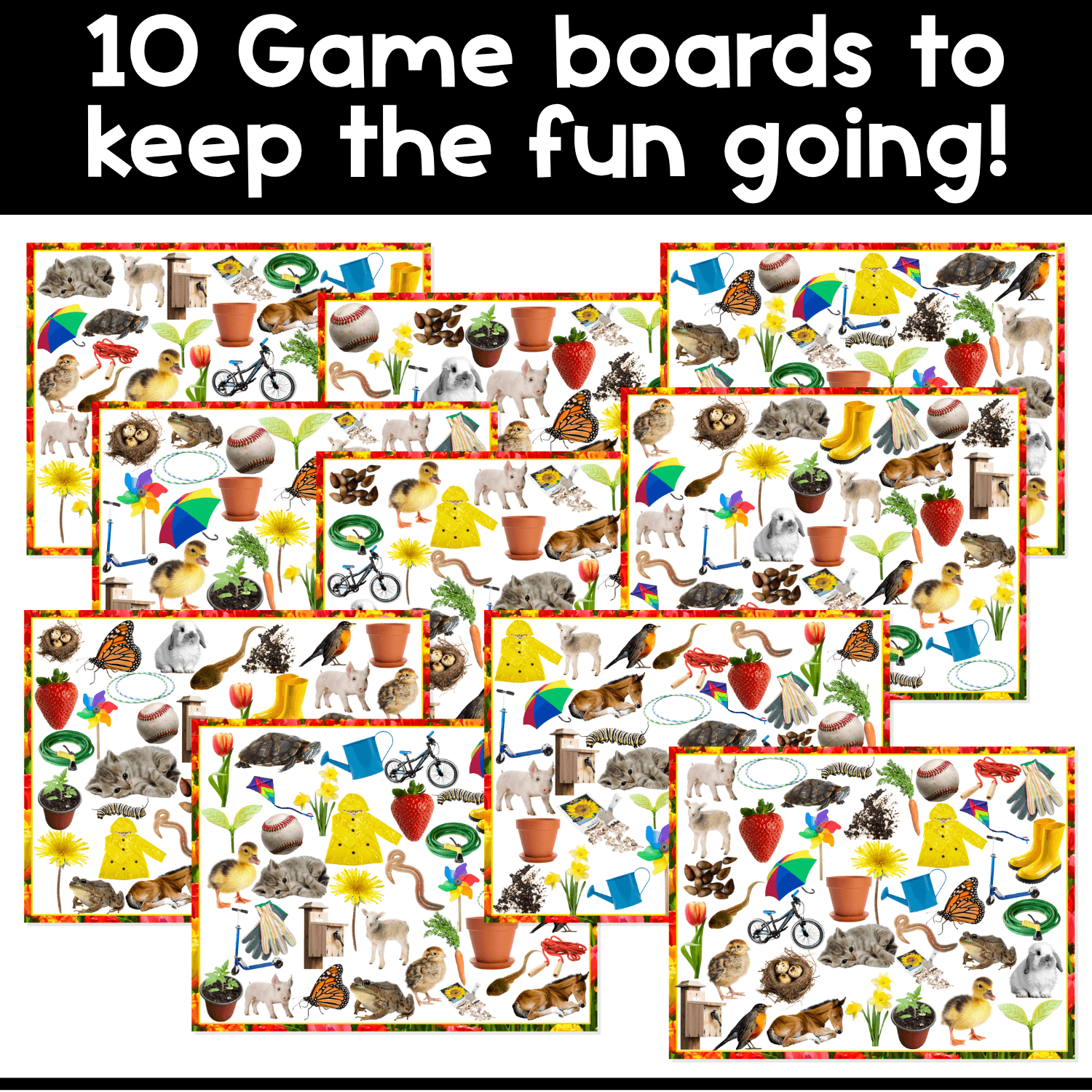 Spring I Spy Board Game preview showing 10 real photo game boards filled with flowers, animals, rain gear, garden tools, and seasonal objects for engaging visual scanning practice.