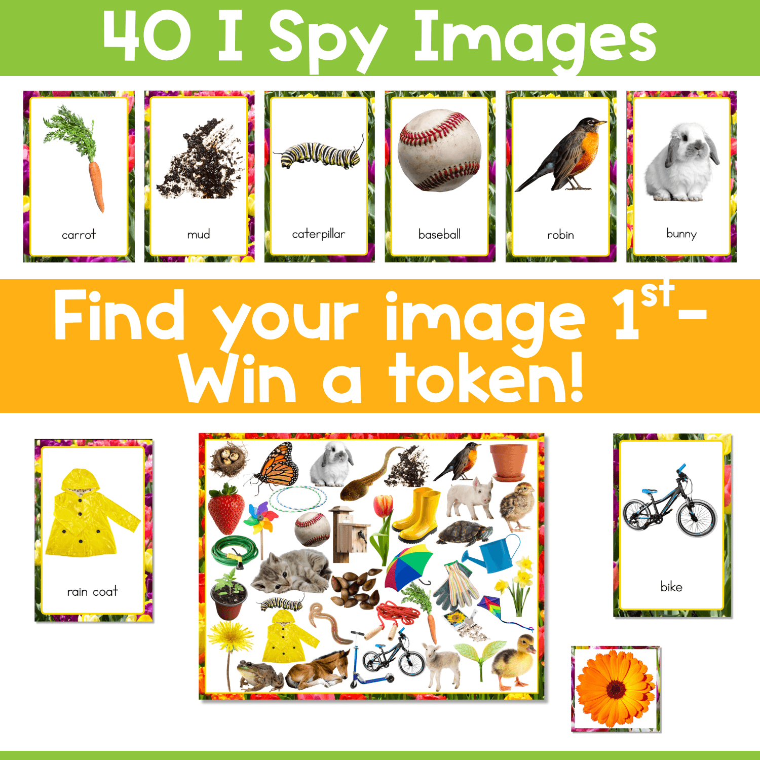 Printable Spring I Spy Board Game with 40 real-life photo cards, 20 flower tokens, and spring game boards for hands-on vocabulary, matching, and visual discrimination centers.
