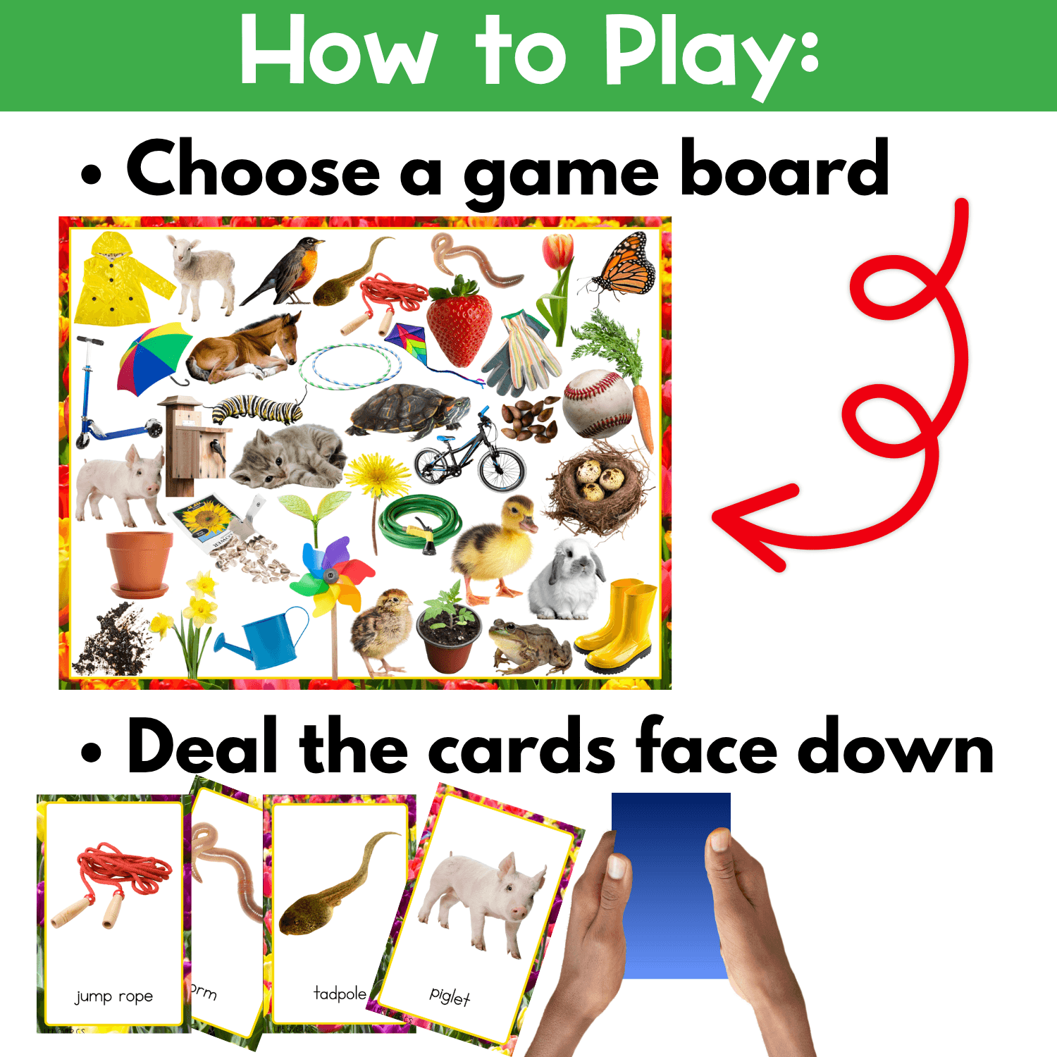 Easy-to-use Spring I Spy Board Game directions showing students how to choose a game board and prepare spring picture cards for partner or small group play.