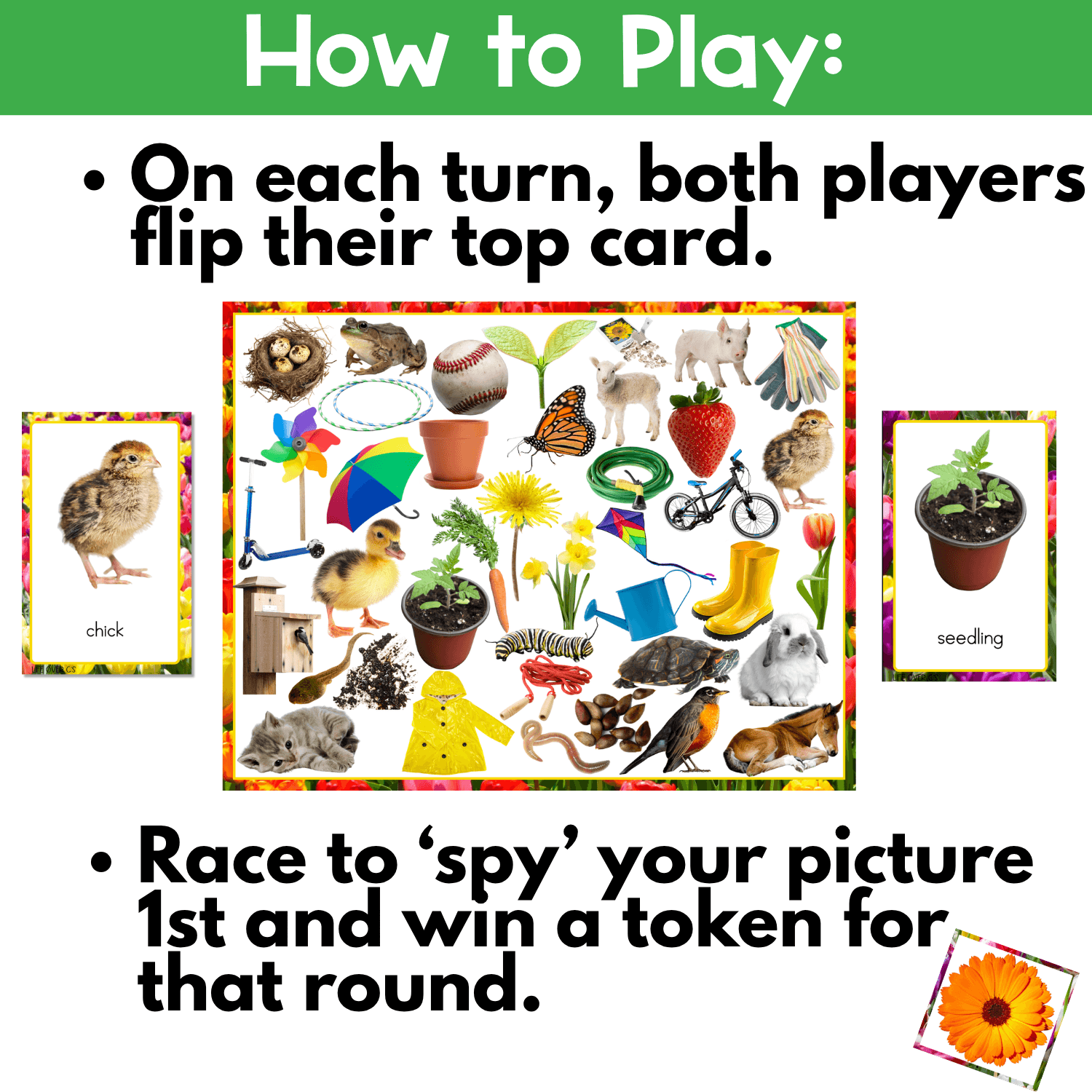 Spring I Spy Board Game gameplay preview showing kids flip a picture card, search the real photo board, and race to find the matching spring image first.