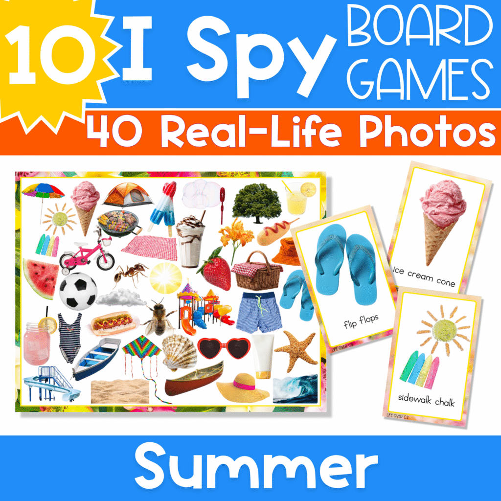 Summer I Spy Board Game cover with real-life photo cards and a busy summer game board featuring ice cream, flip flops, sidewalk chalk, watermelon, sunglasses, and other summer vocabulary pictures for preschool and kindergarten visual discrimination practice.