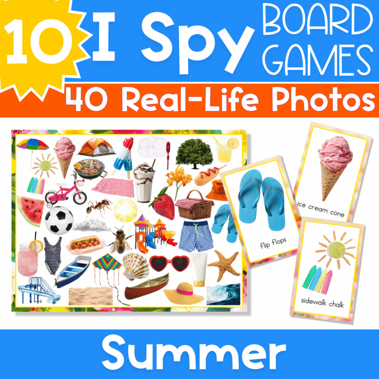 Summer I Spy Board Game cover with real-life photo cards and a busy summer game board featuring ice cream, flip flops, sidewalk chalk, watermelon, sunglasses, and other summer vocabulary pictures for preschool and kindergarten visual discrimination practice.