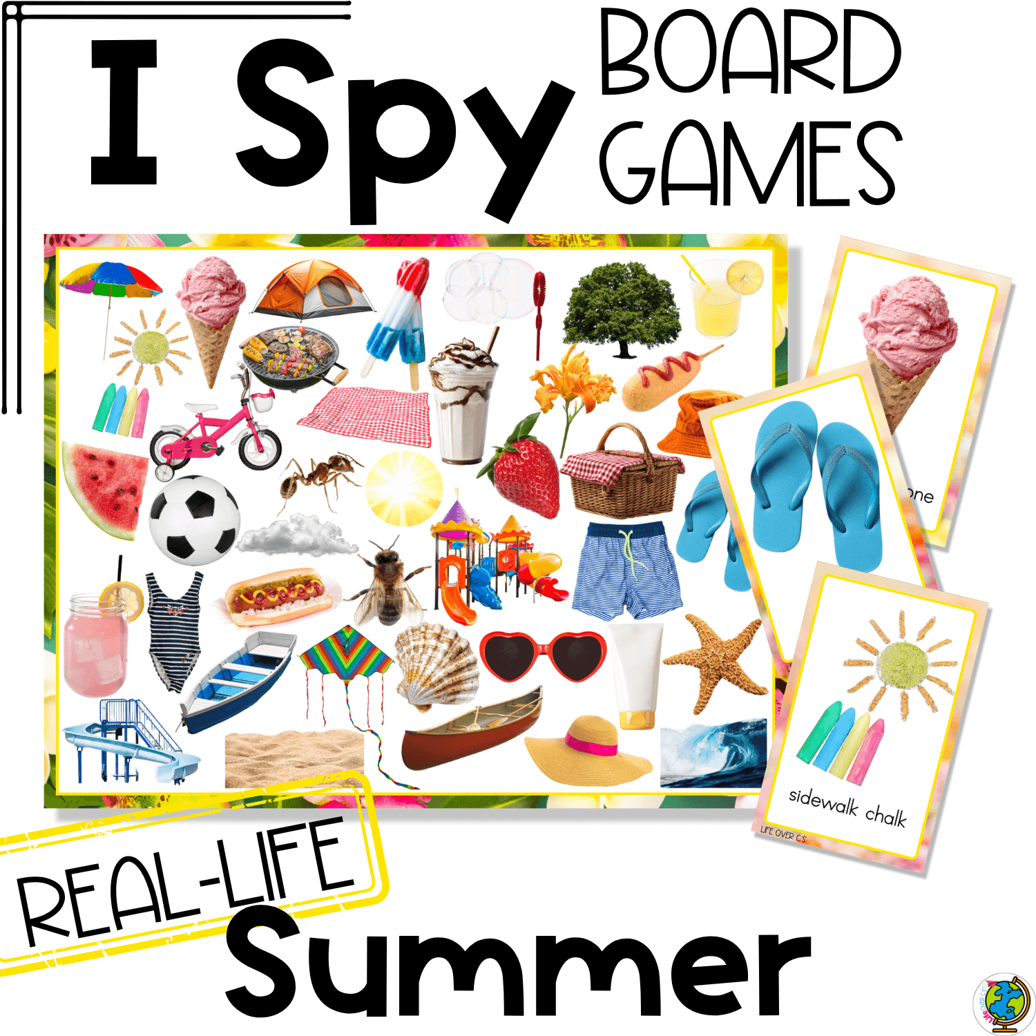 Summer I Spy Board Game cover with real-life photo cards and a busy summer game board featuring ice cream, flip flops, sidewalk chalk, watermelon, sunglasses, and other summer vocabulary pictures for preschool and kindergarten visual discrimination practice.