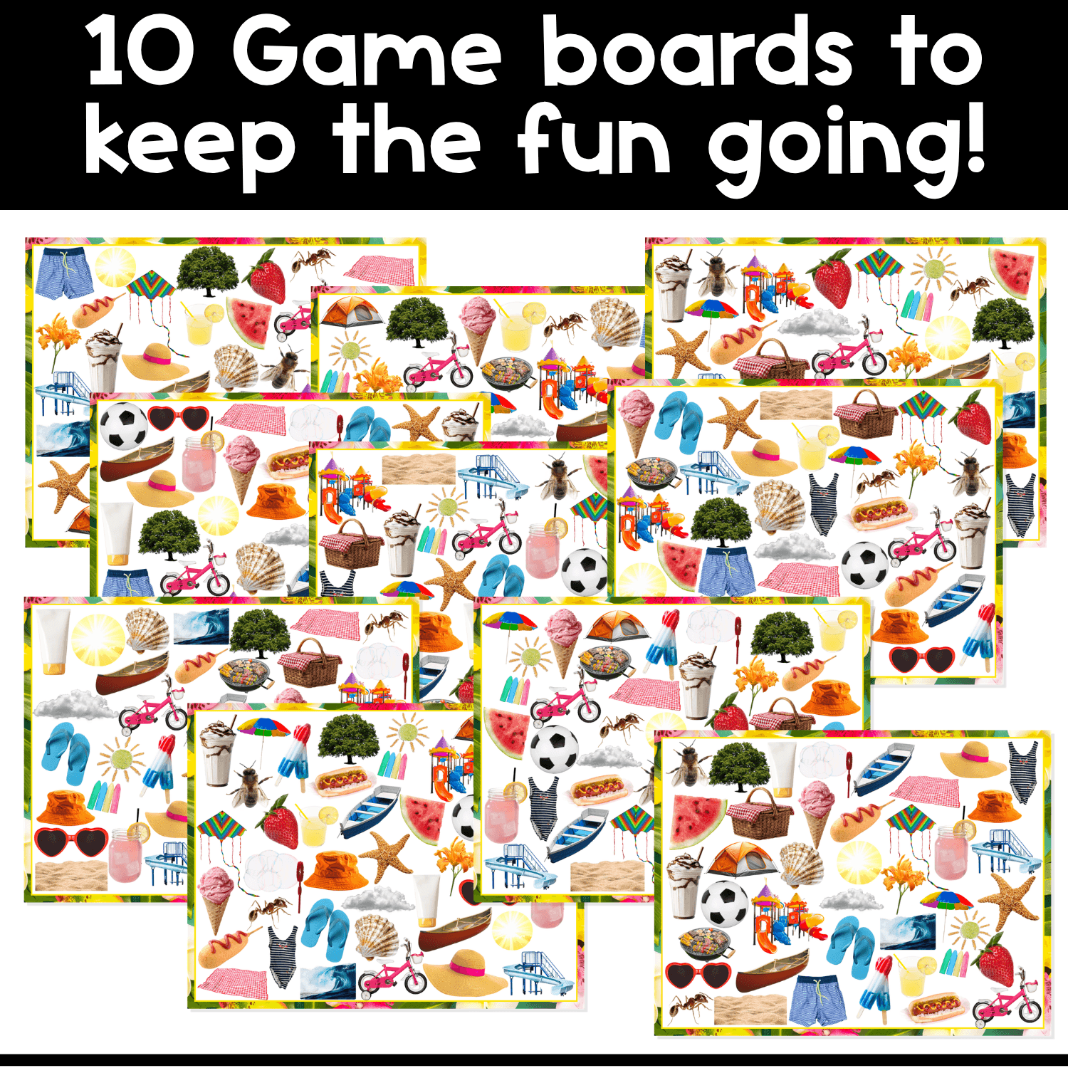 Preview of 10 Summer I Spy game boards with real photos of beach, picnic, playground, summer foods, outdoor toys, and seasonal objects for preschool, pre-k, kindergarten, speech therapy, and OT visual scanning activities.