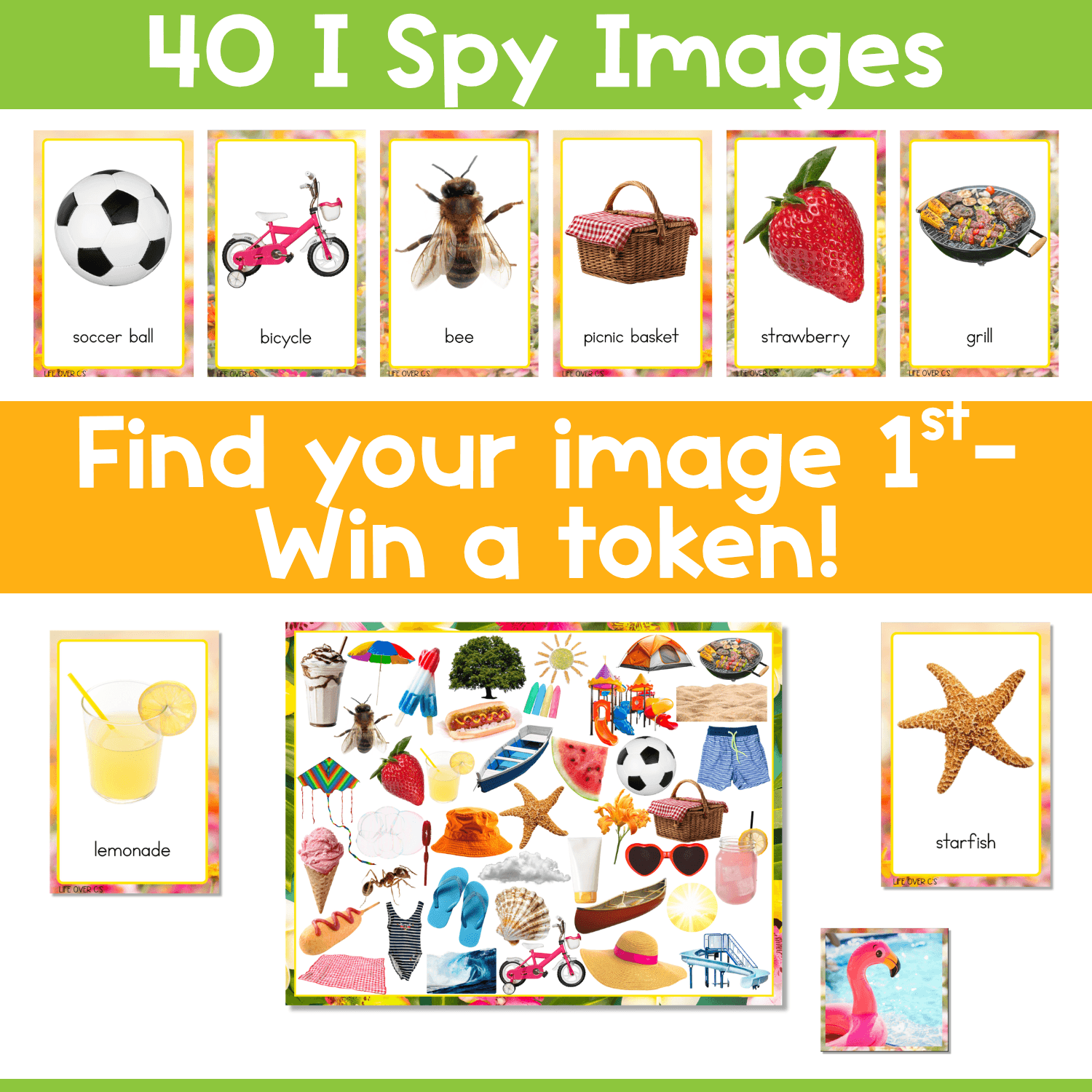 Summer I Spy Flip Board Game preview showing 40 real-life photo image cards, including soccer ball, bicycle, bee, picnic basket, strawberry, grill, lemonade, and starfish, plus a summer game board and token card.