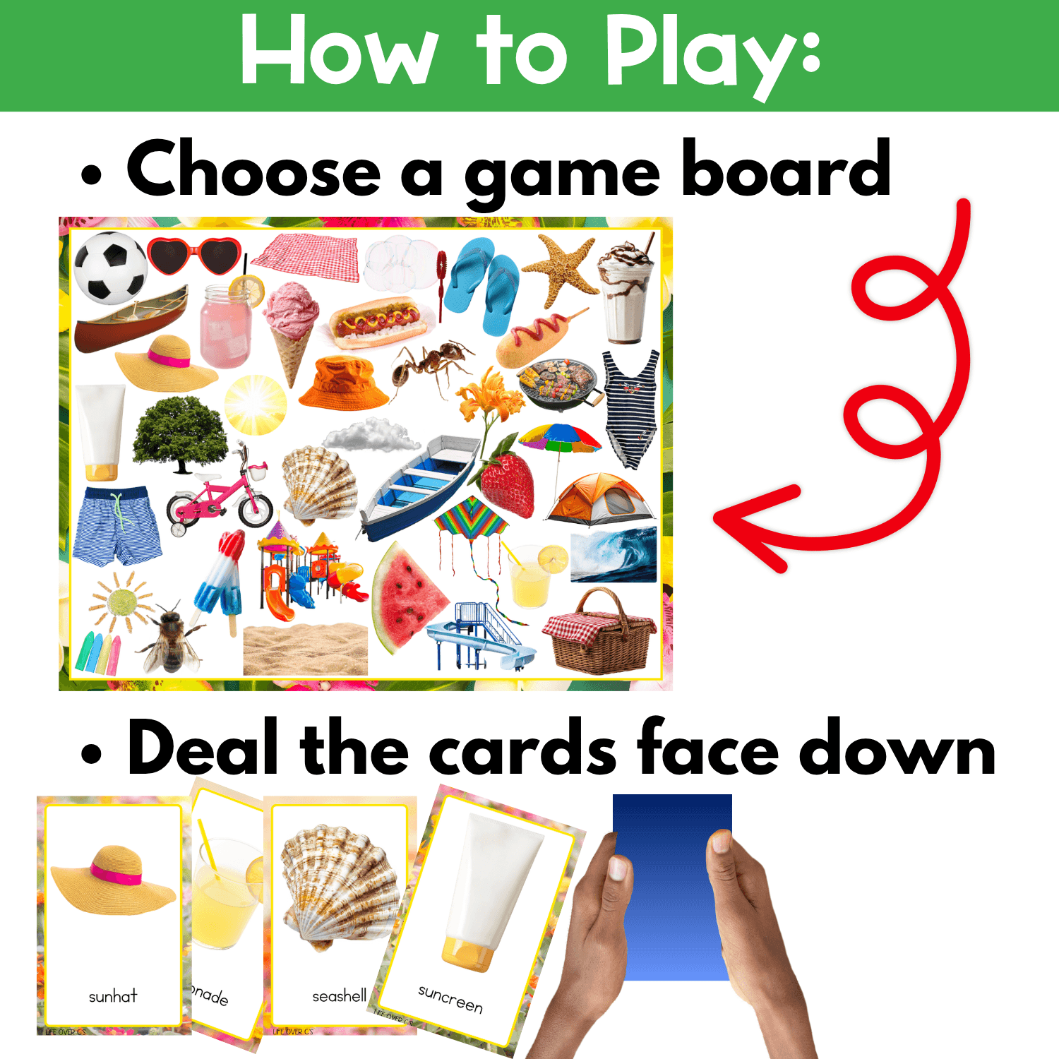 How to play preview for the Summer I Spy Flip Board Game showing students choosing a game board and dealing real photo image cards face down for a hands-on preschool and kindergarten vocabulary game.
