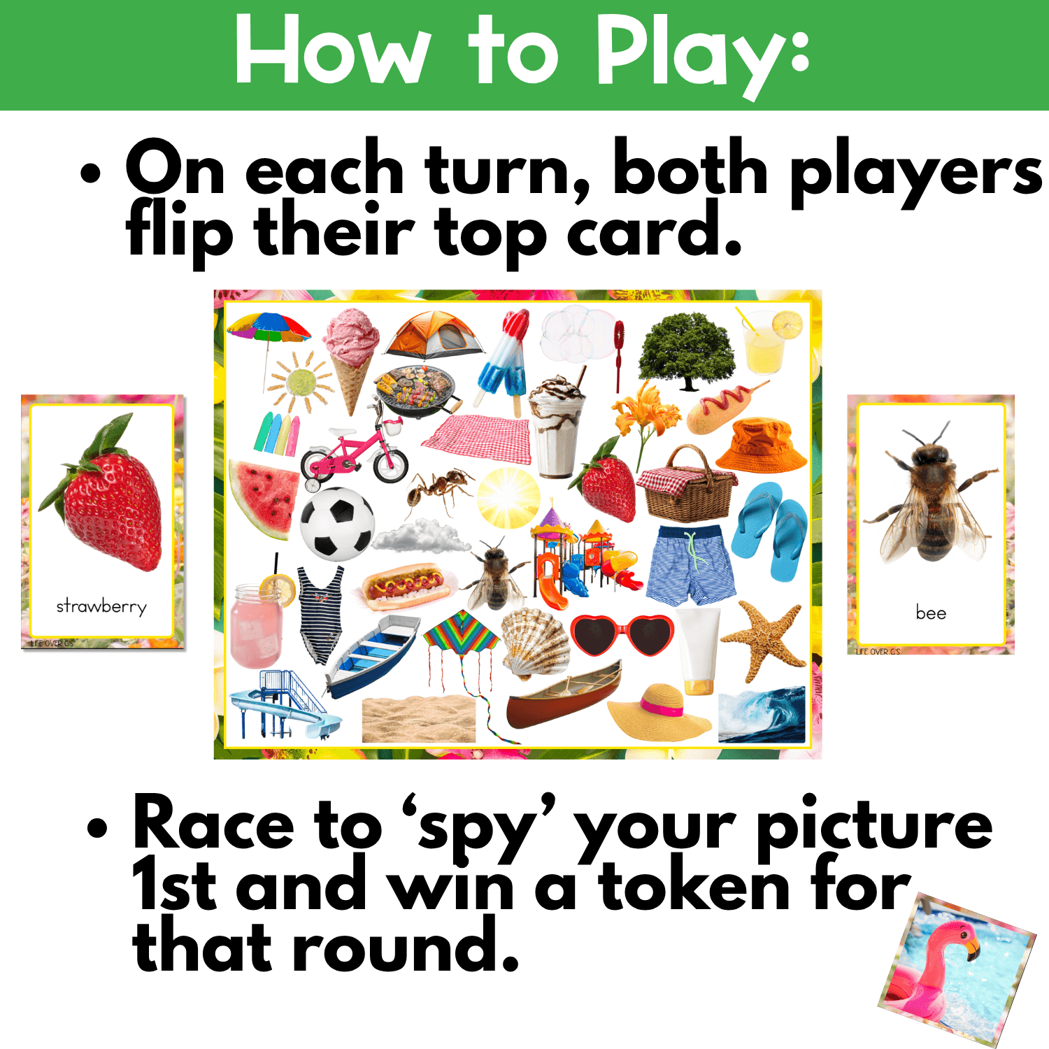 Summer I Spy Flip Board Game directions showing players flipping cards, searching the real photo game board, finding matching summer images, and earning tokens during a visual discrimination activity.