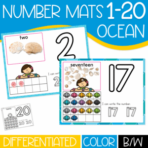 Ocean number mats 1-20 for preschool and kindergarten with seashell counting, ten frame practice, number tracing, number recognition, and color or black-and-white pages.