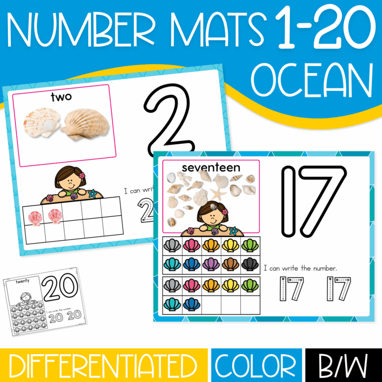 Ocean number mats 1-20 for preschool and kindergarten with seashell counting, ten frame practice, number tracing, number recognition, and color or black-and-white pages.
