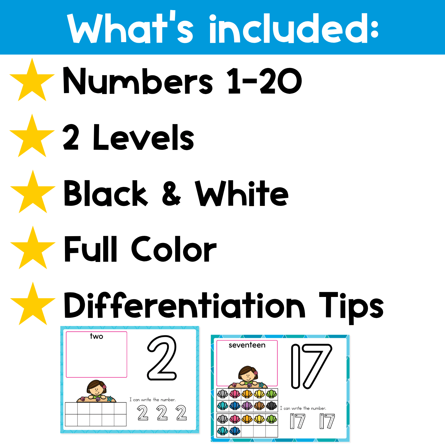 What’s included in the ocean number mats 1-20 set with two differentiated levels, full color and black-and-white number mats, and easy differentiation tips.