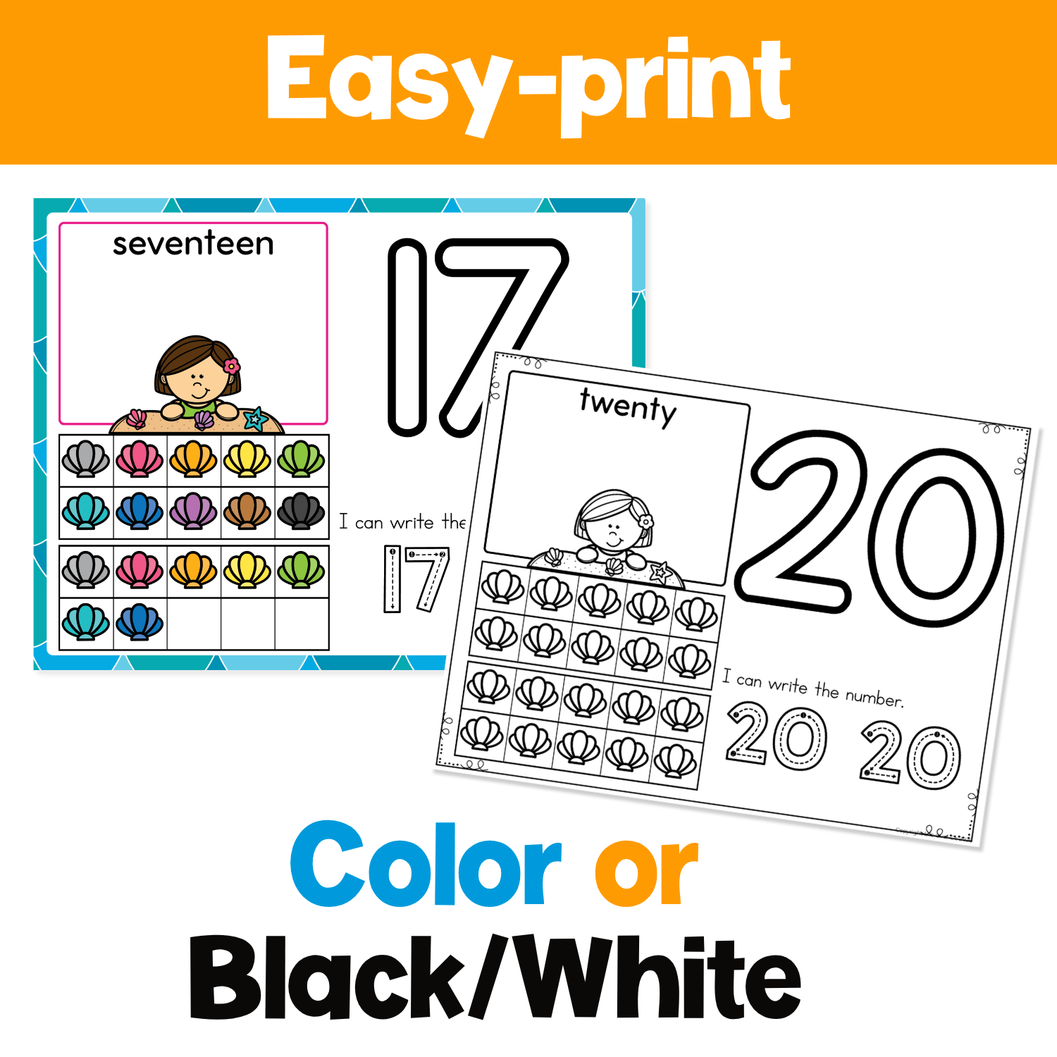 Easy-print ocean number mats in color and black-and-white for practicing numbers 1-20, counting seashells, number recognition, and early handwriting skills.