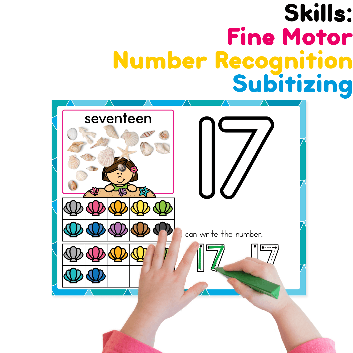 Hands-on ocean number mat activity for number 17 with seashell counting, subitizing, number recognition, and fine motor tracing practice for preschool math centers.
