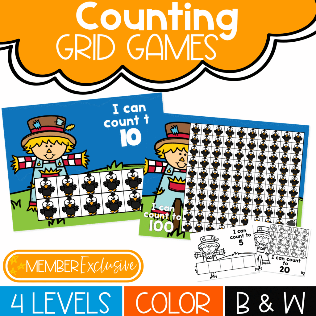 Fall Scarecrow Counting Grid Games with 5, 10, 20, and 100 counting mats, color and black and white options, and hands-on number recognition activities for preschool and kindergarten.