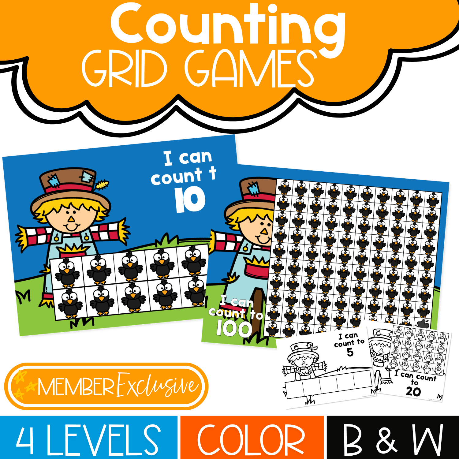 Fall Scarecrow Counting Grid Games with 5, 10, 20, and 100 counting mats, color and black and white options, and hands-on number recognition activities for preschool and kindergarten.