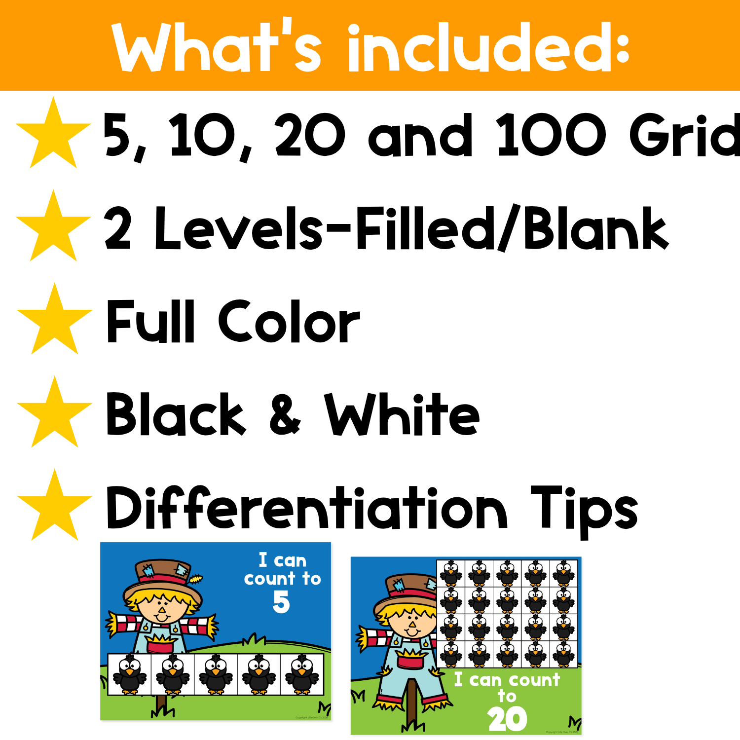 What’s included preview for Fall Scarecrow Counting Grid Games featuring 5, 10, 20, and 100 grids, filled and blank mats, full color pages, black and white pages, and differentiation tips.