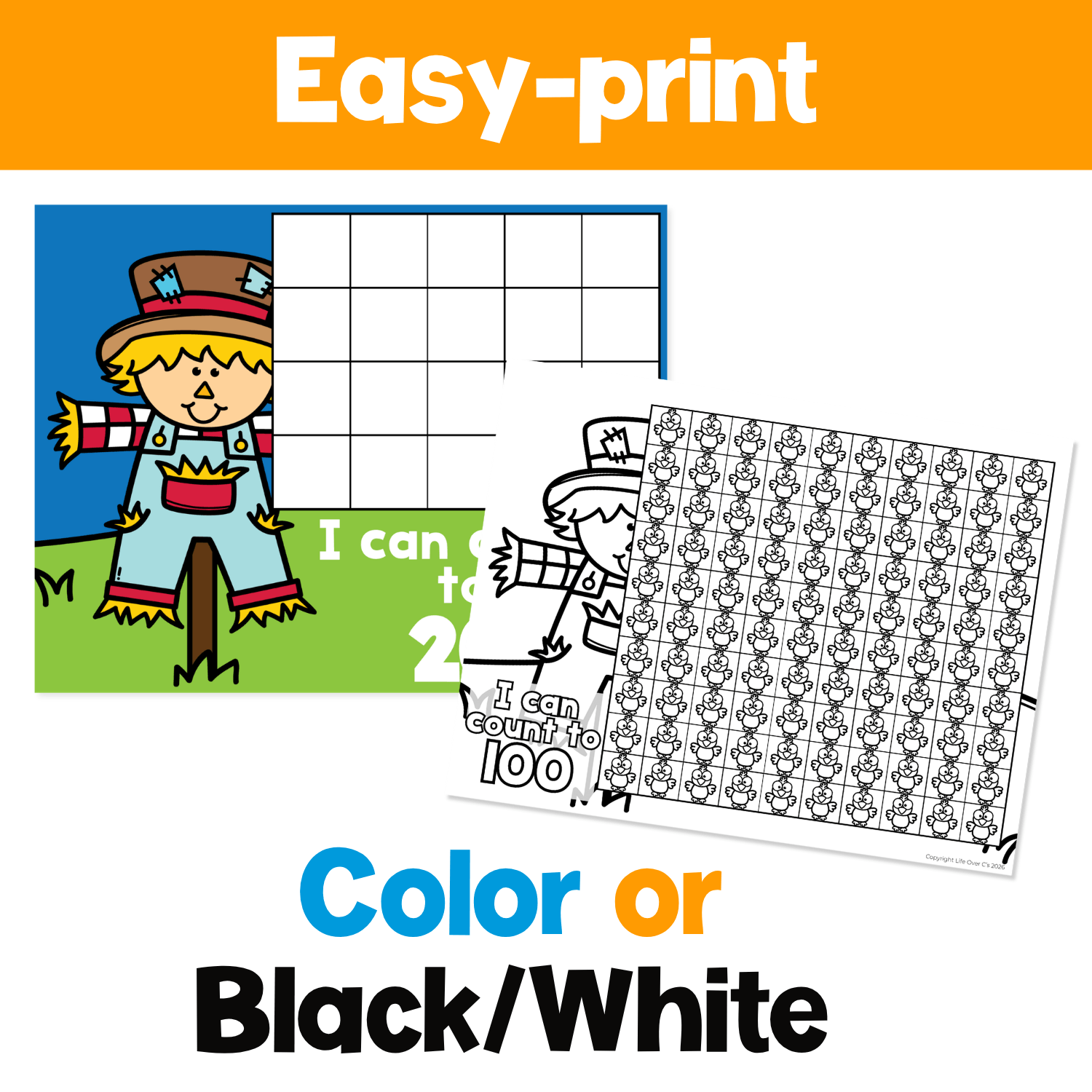 Easy-print Fall Scarecrow Counting Grid Games with color and black and white mats for counting to 20 and 100, number recognition, one-to-one correspondence, and fall math centers.