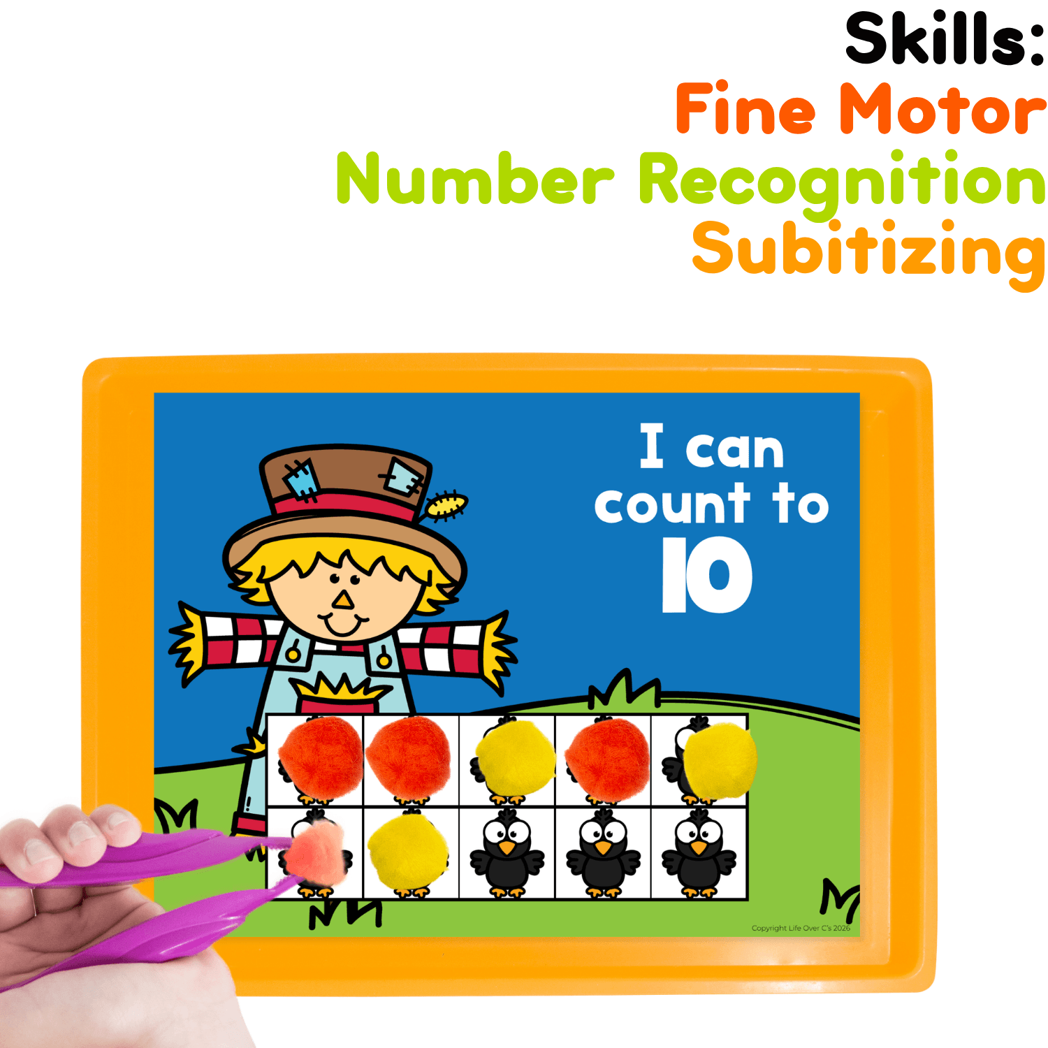 Child using tongs and pom poms on a Fall Scarecrow counting to 10 grid mat to practice counting, number recognition, subitizing, fine motor skills, and one-to-one correspondence.