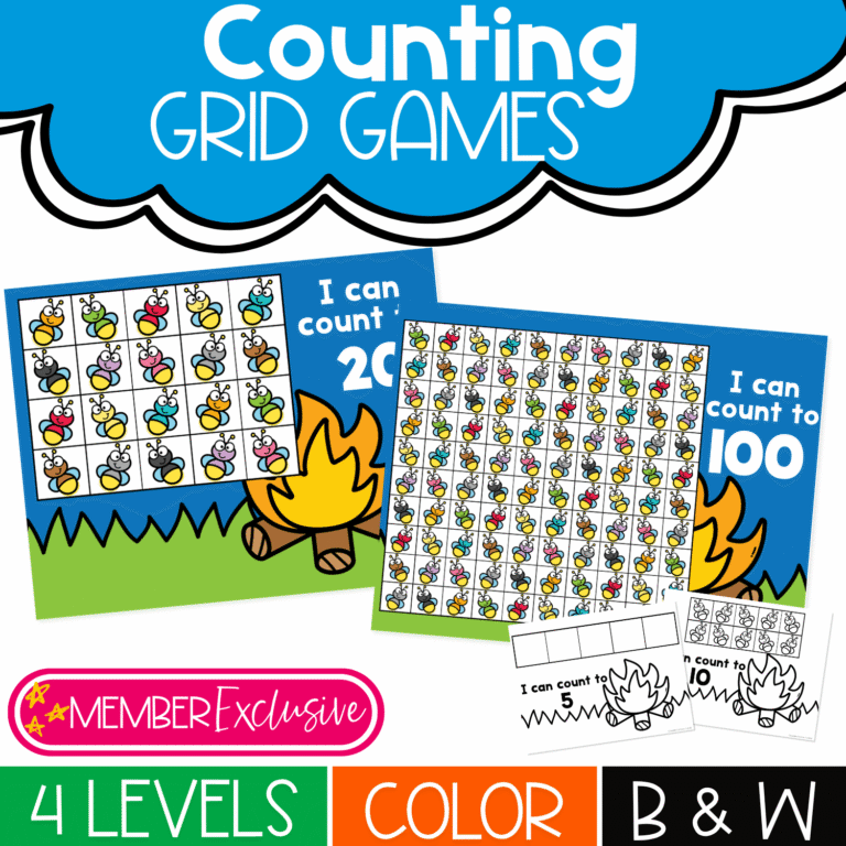Summer Firefly Counting Grid Game for preschool and kindergarten with 4 counting levels, color and black and white mats, and firefly counting grids for number recognition.