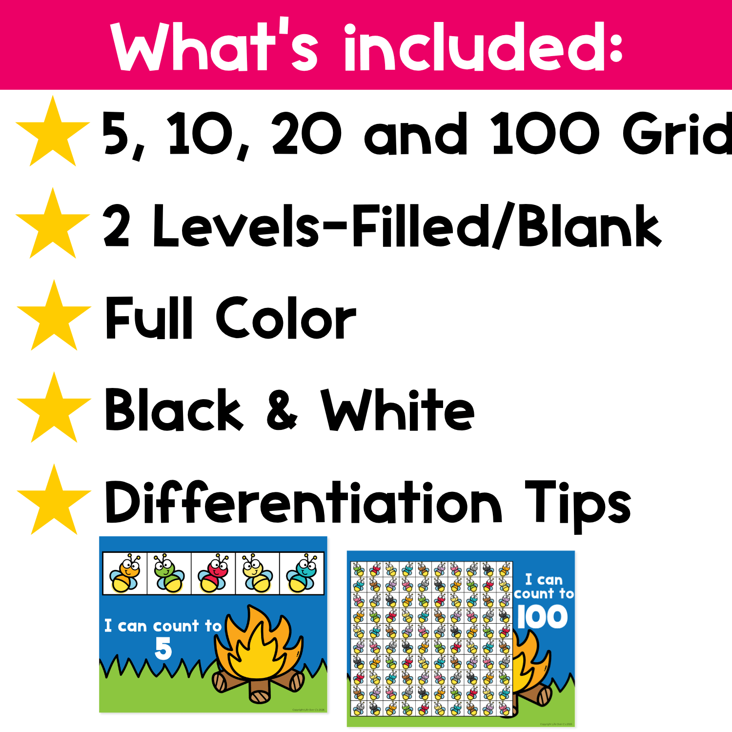 What’s included preview for Summer Firefly Counting Grid Games showing counting to 5, 10, 20, and 100 grids with filled and blank math center options.