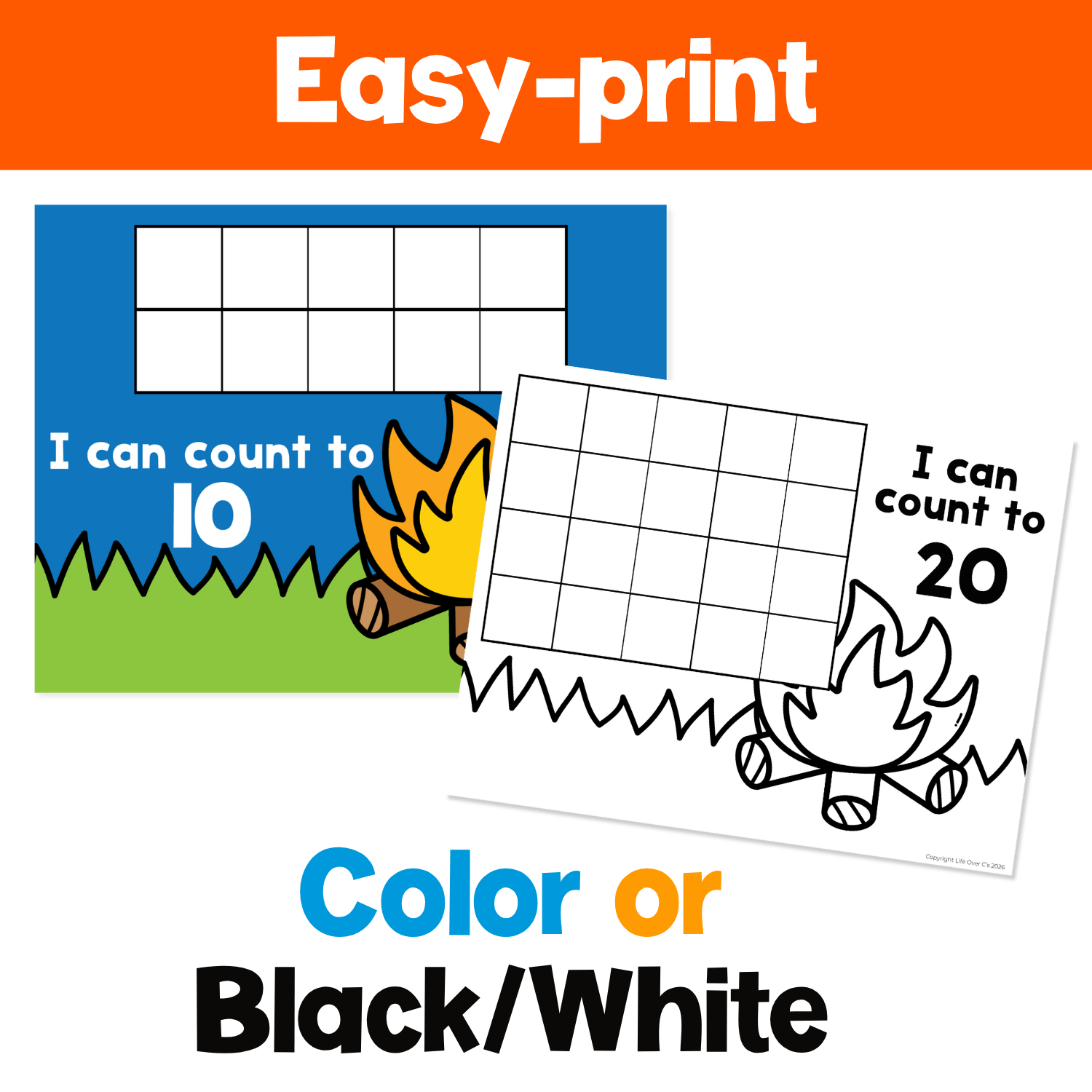 Easy-print Summer Firefly Counting Grid Game mats in color and black and white for hands-on counting, number recognition, and one-to-one correspondence practice.