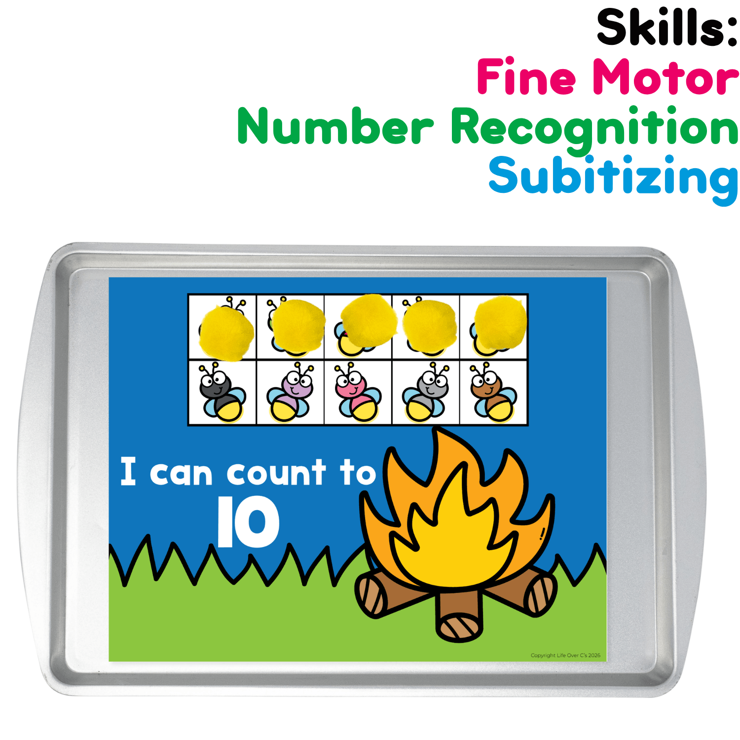 Firefly counting grid activity on a tray with yellow counters for fine motor practice, number recognition, subitizing, and counting to 10.