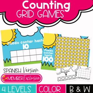 Spanish Counting Grid Games with summer sun theme, 5, 10, 20, and 100 counting mats, color and black and white options, and printable number recognition activities for preschool and kindergarten.