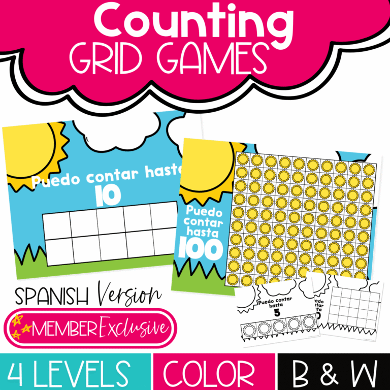 Spanish Counting Grid Games with summer sun theme, 5, 10, 20, and 100 counting mats, color and black and white options, and printable number recognition activities for preschool and kindergarten.