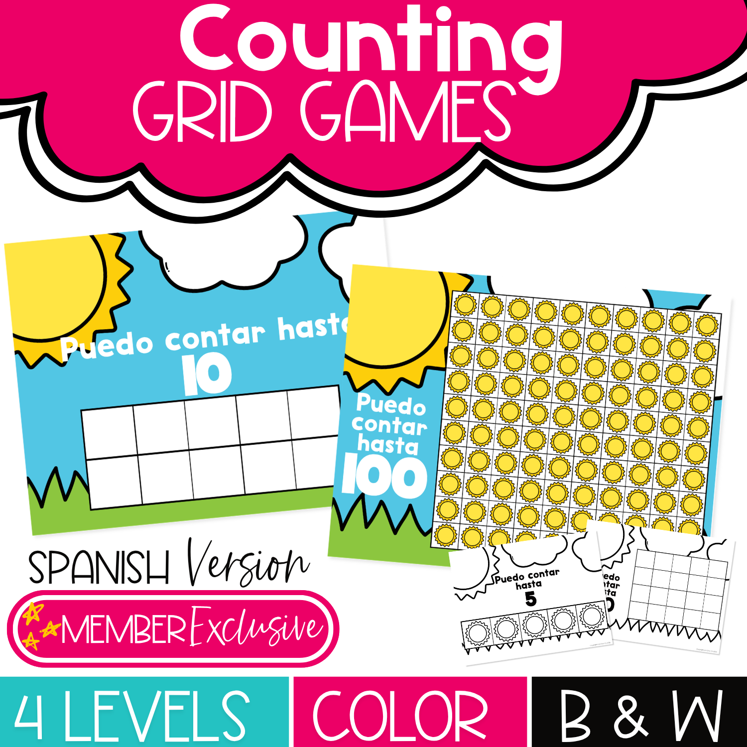 Spanish Counting Grid Games with summer sun theme, 5, 10, 20, and 100 counting mats, color and black and white options, and printable number recognition activities for preschool and kindergarten.