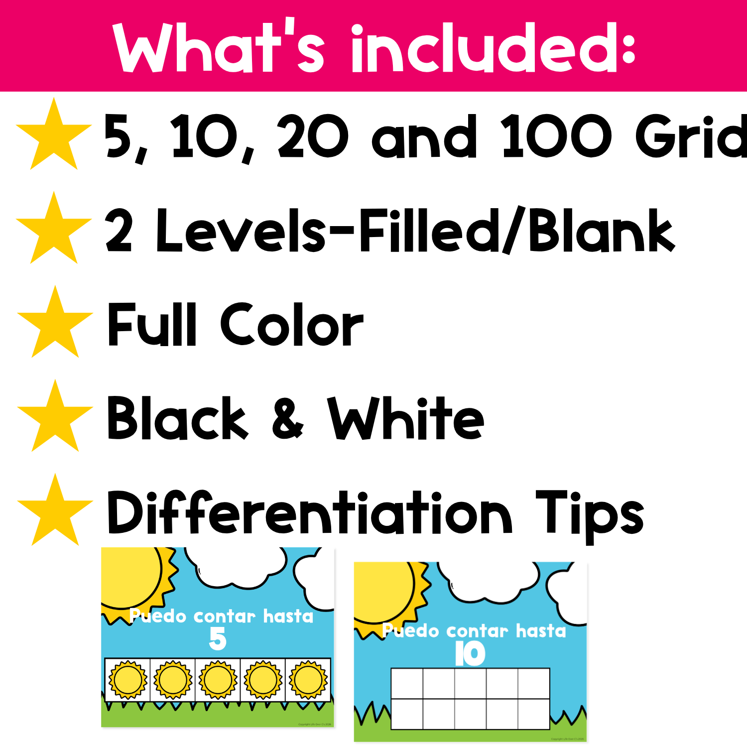 What’s included preview for Spanish Summer Sun Counting Grid Games featuring 5, 10, 20, and 100 grids, filled and blank counting mats, full color pages, black and white pages, and differentiation tips.