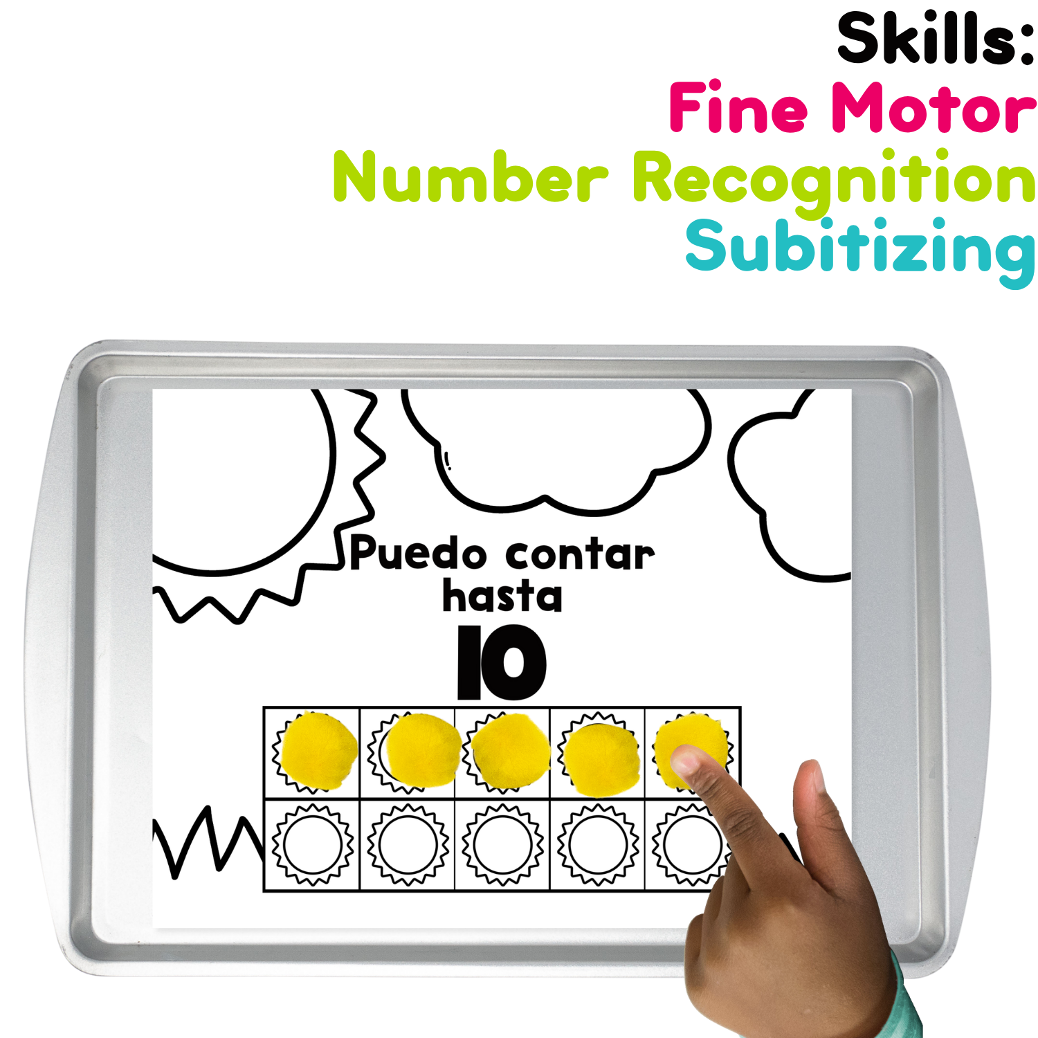 Child using play dough pieces on a Spanish counting to 10 sun grid mat to practice counting, number recognition, subitizing, fine motor skills, and one-to-one correspondence.