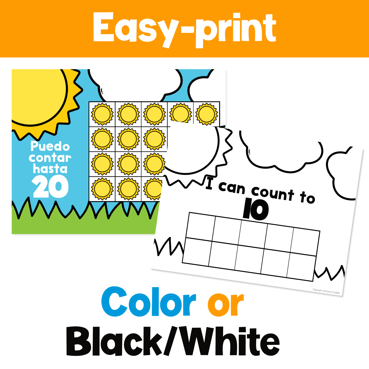 Easy-print Spanish Summer Sun Counting Grid Games with color and black and white mats for counting to 10 and 20, number recognition, one-to-one correspondence, and hands-on math centers.