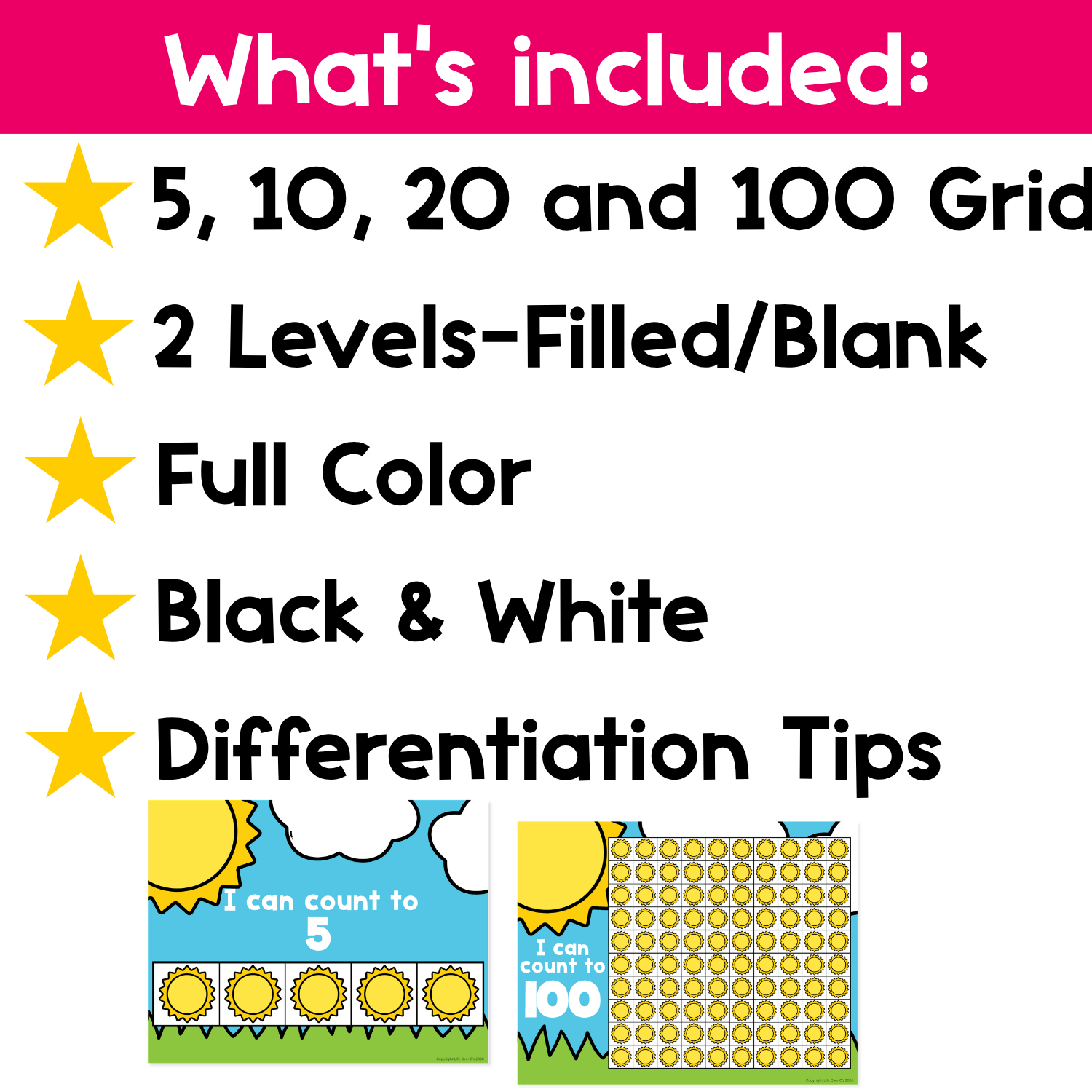 What’s included preview for Summer Sun Counting Grid Games featuring 5, 10, 20, and 100 grids, filled and blank mats, color and black and white versions, and differentiation tips.