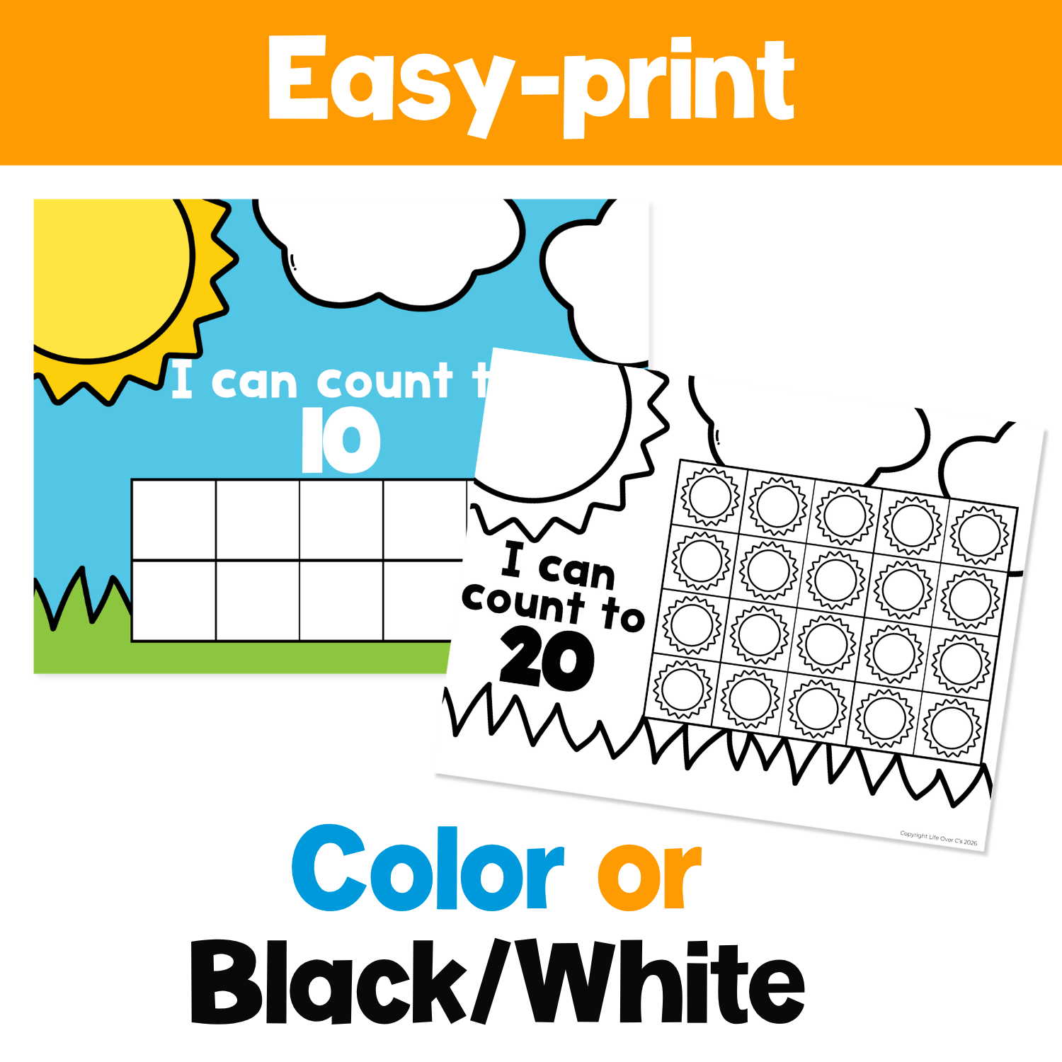 Easy-print Summer Sun Counting Grid Game mats in color and black and white for hands-on counting, number recognition, and one to one correspondence practice.