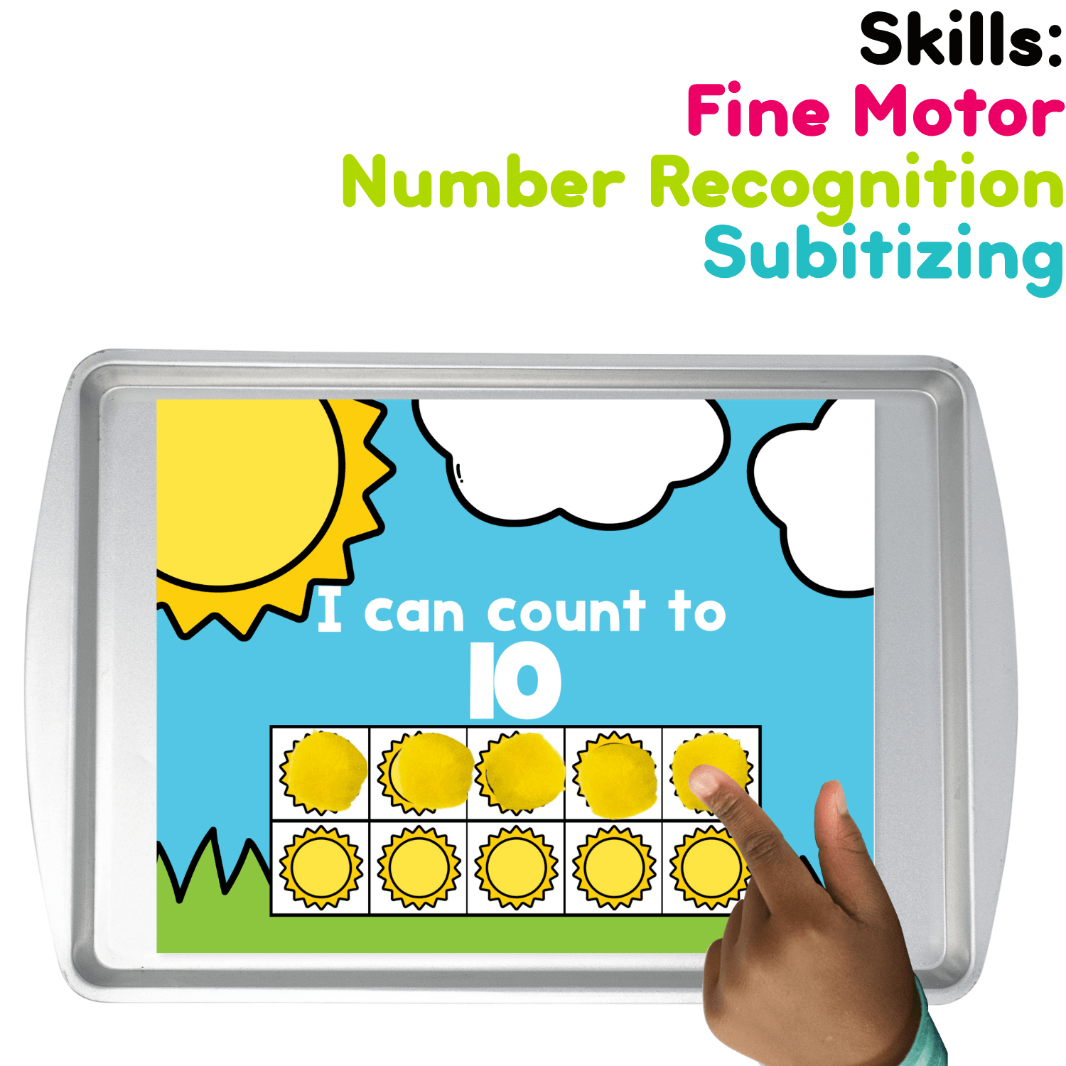 Child using yellow play dough on a Summer Sun counting to 10 grid mat to practice counting, subitizing, number recognition, and fine motor skills.