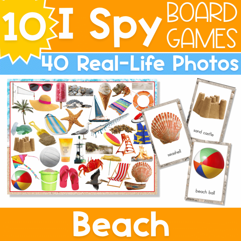 Beach I Spy Board Game with 10 game boards, 40 real-life photo cards, and beach vocabulary images for preschool, pre-k, and kindergarten visual discrimination practice.