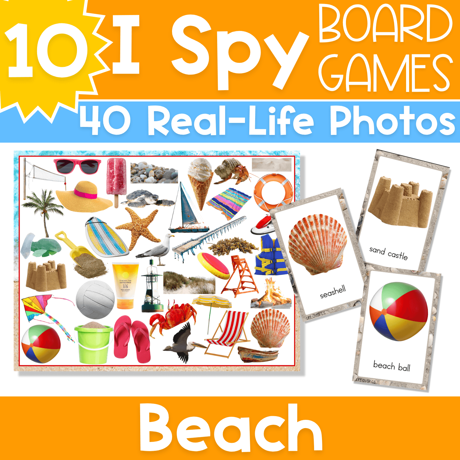 Beach I Spy Board Game with 10 game boards, 40 real-life photo cards, and beach vocabulary images for preschool, pre-k, and kindergarten visual discrimination practice.