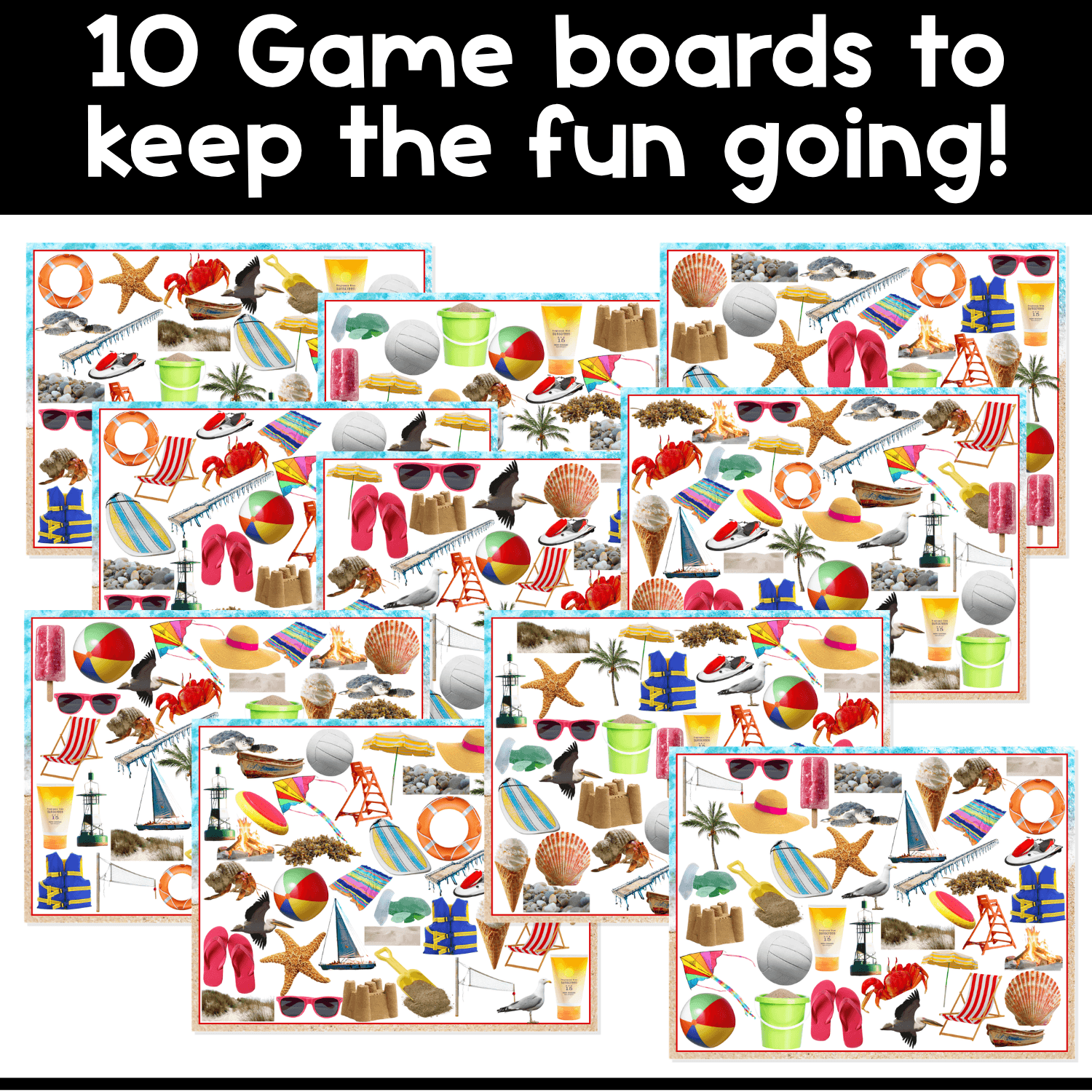 Preview of 10 Beach I Spy game boards with real photos of beach objects for preschool, pre-k, kindergarten, speech therapy, and small group activities.