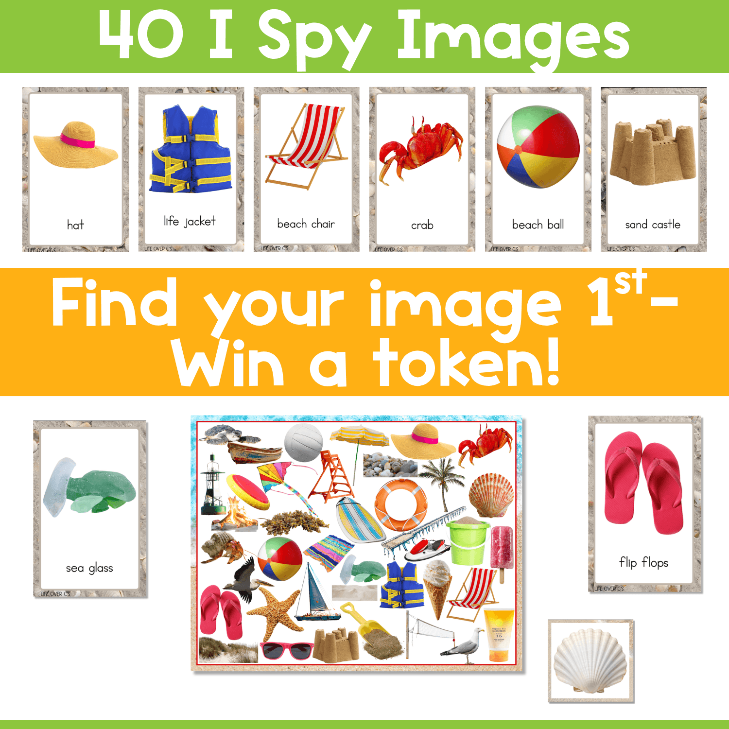 Beach I Spy game cards with 40 real-life images and matching game board for students to practice beach vocabulary, visual scanning, and picture matching.