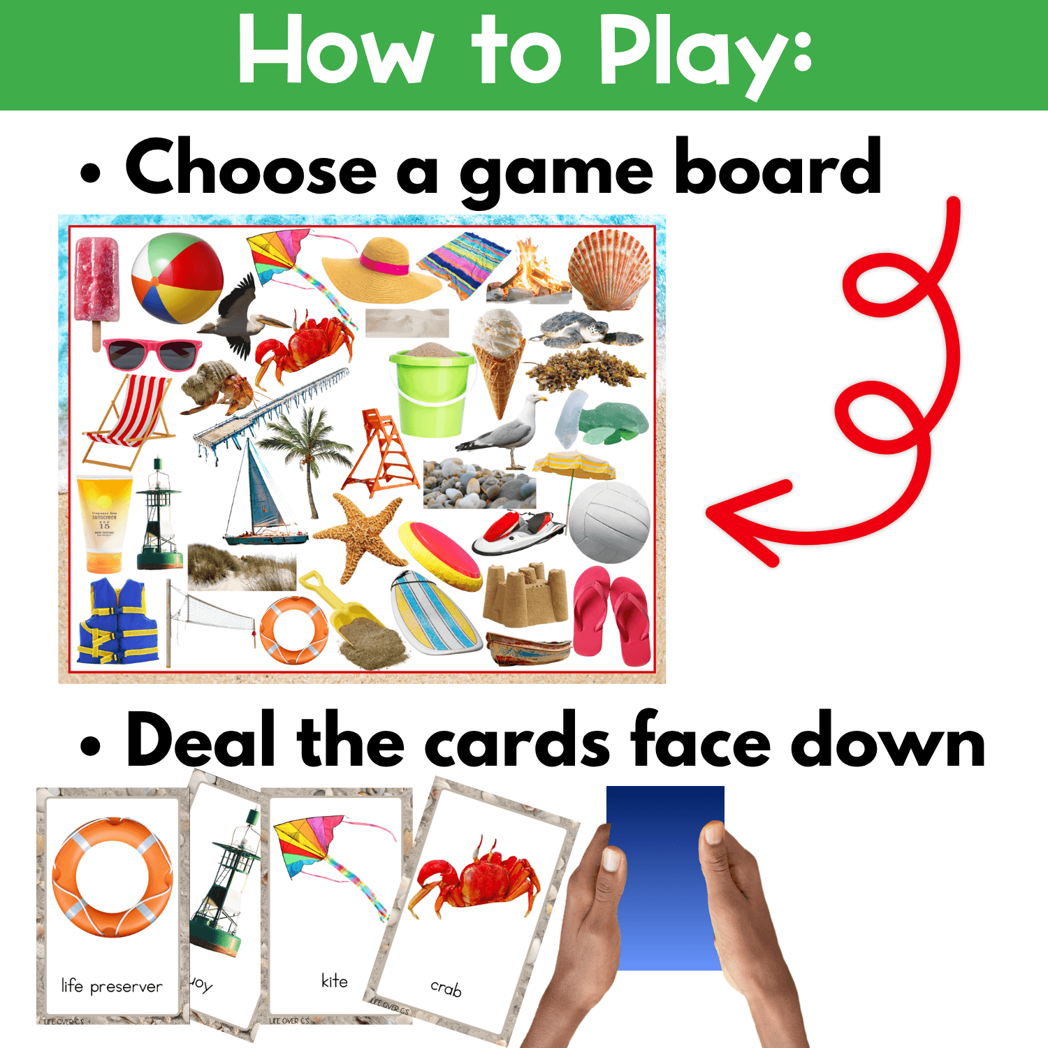 How to play Beach I Spy Board Game by choosing a game board and dealing real photo cards face down for interactive visual discrimination practice.