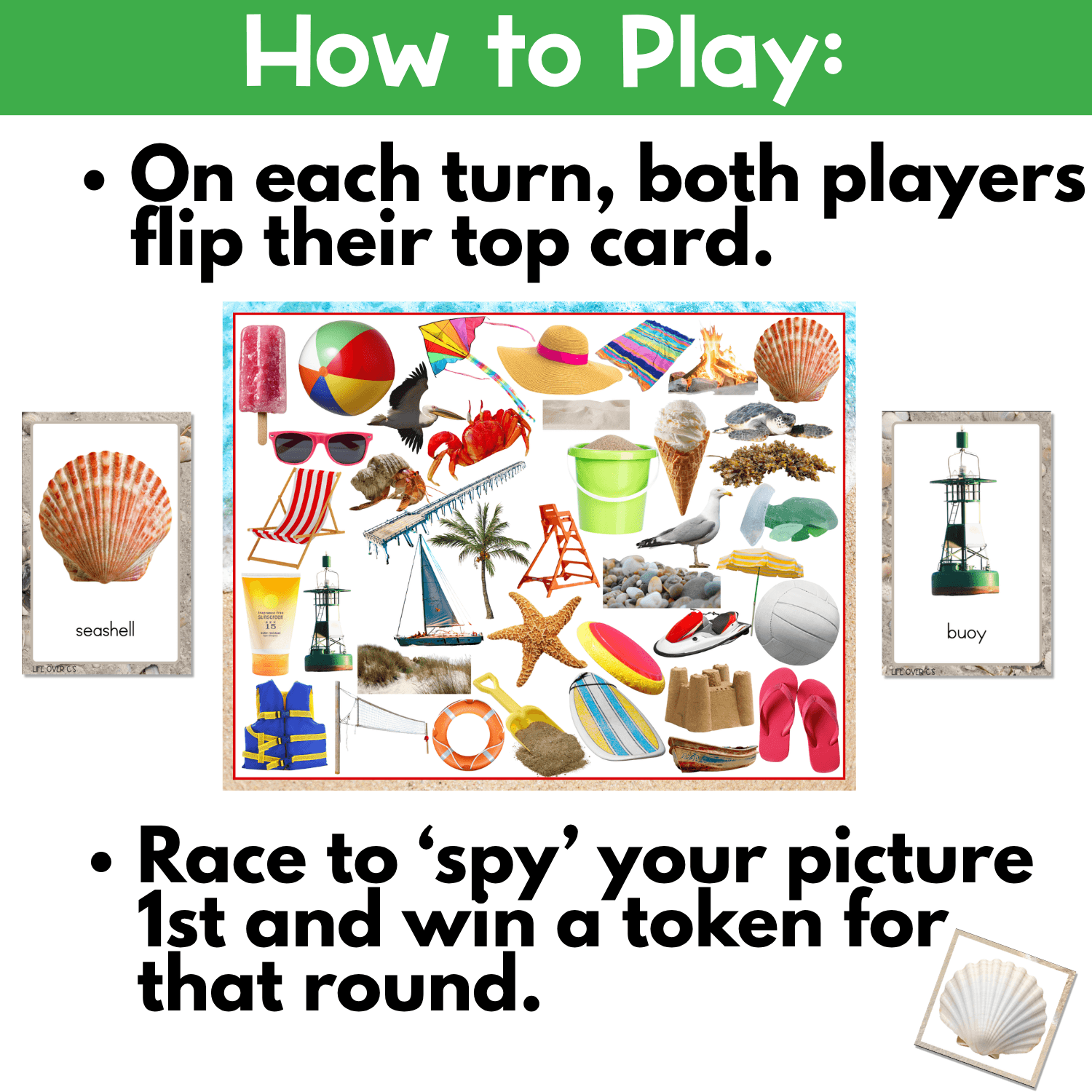 Students flip beach picture cards, race to find the matching real-life photo on the I Spy board, and win a token for fast-paced vocabulary practice.