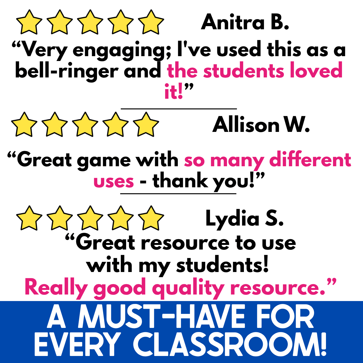 Five-star teacher reviews for the 2D Shapes Slap It! Card Game highlighting engaging math practice, multiple classroom uses, student enjoyment, and strong-quality 2D shape activities.